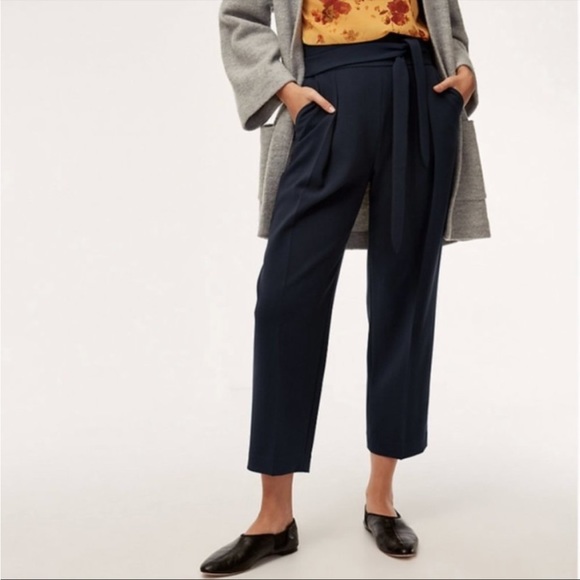 Aritzia Wilfred Feuille Navy Pleated Tie Waist Trouser Pants - Picture 4 of 14